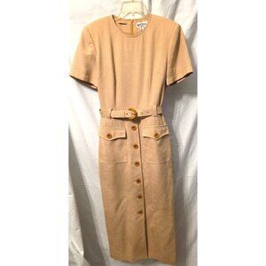 Vintage Kasper Bamboo Button Safari Dress Sz 6 Khaki Career Classy Lined Small